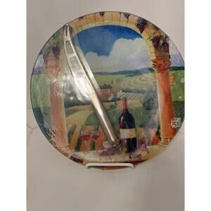 Charcuterie/Cheese Painted Fused Glass 12" Platter w Knife New in Wrapping